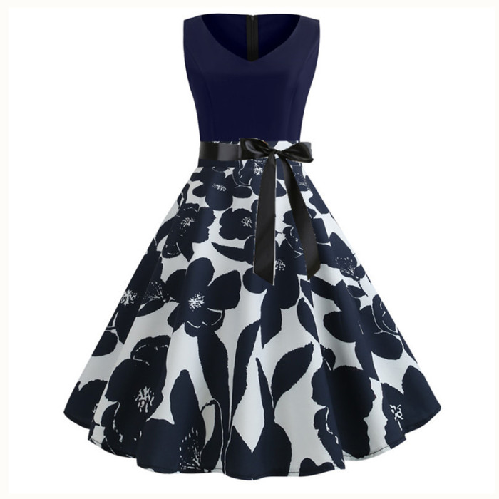Casual V-neck Print Sleeveless Vintage Dress