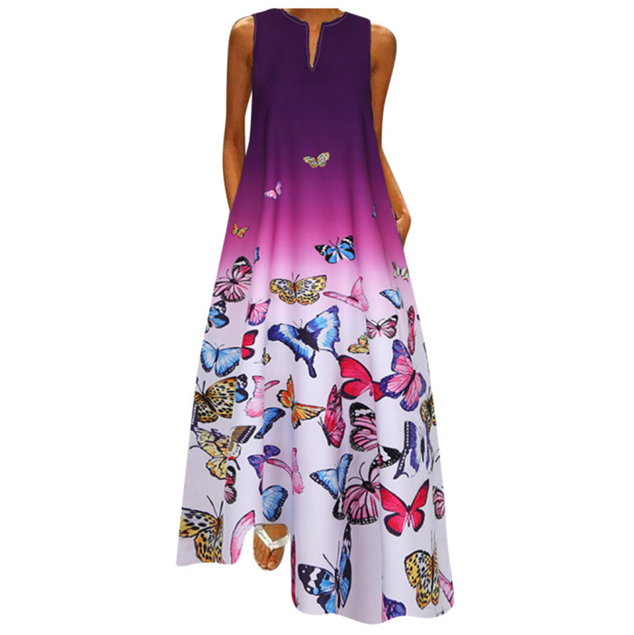 Butterfly Print Daily Sleeveless Vintage Boho V Neck Maxi Dress