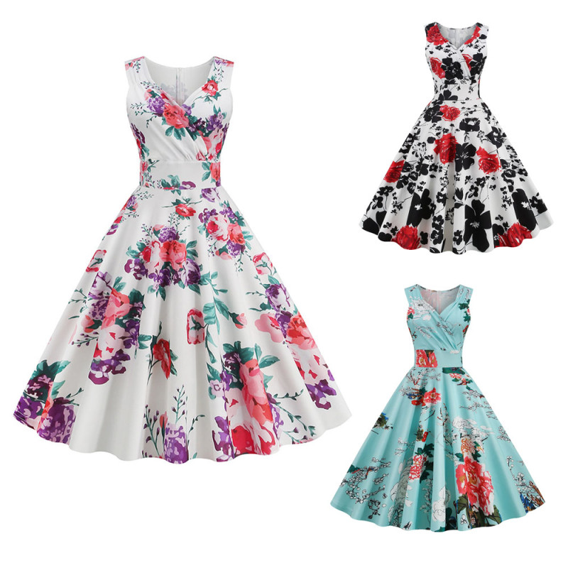 Vintage Flower Print Party Elegant Dress