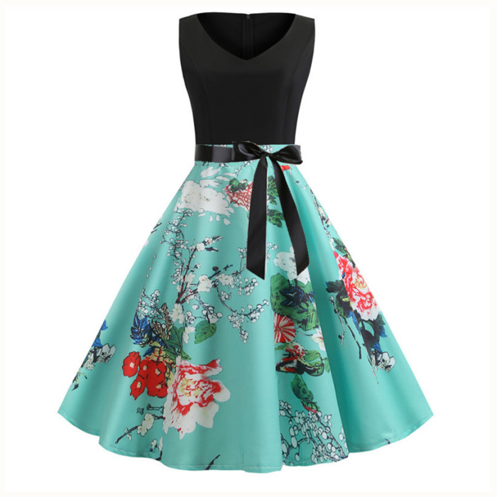 Casual V-neck Print Sleeveless Vintage Dress