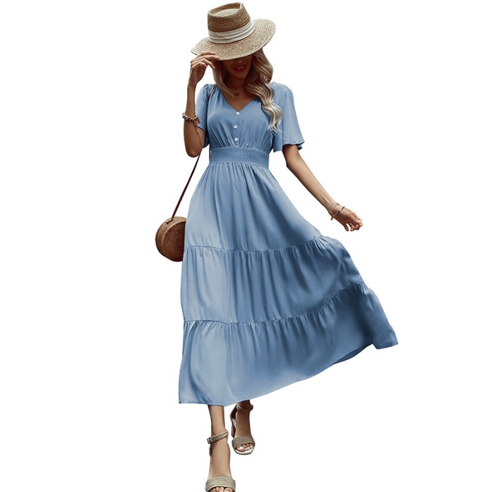 New Solid V-neck Midi Casual Dress