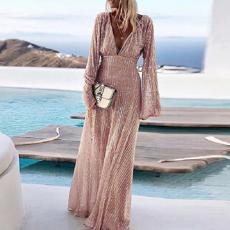 Fashion Deep V Neck Boho Elegant Off Shoulder Casual Beach Dress