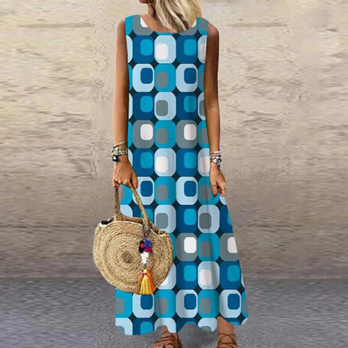 Vintage Floral Printed Sleeveless Loose Casual Bohemia Maxi Dress