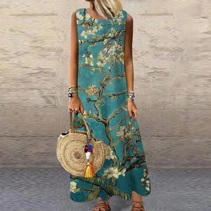 Vintage Floral Printed Sleeveless Loose Casual Bohemia Maxi Dress