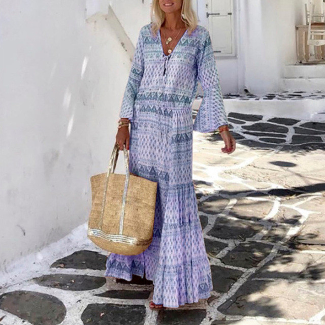 Vintage Print Party Elegant Flare Sleeve Sexy V Neck Maxi Dress