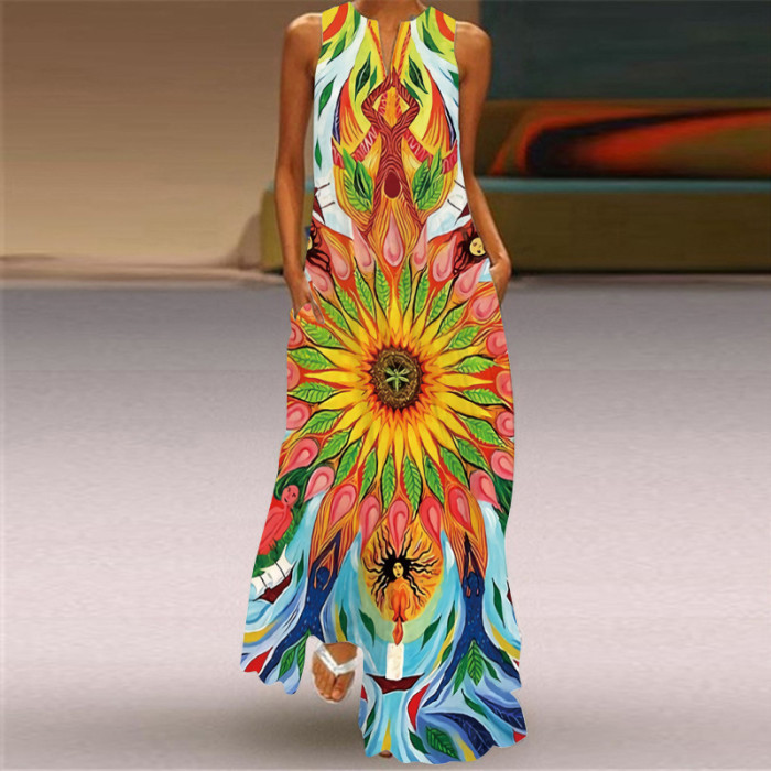 Retro Print Fashion Sexy V-neck Sleeveless Maxi Dress