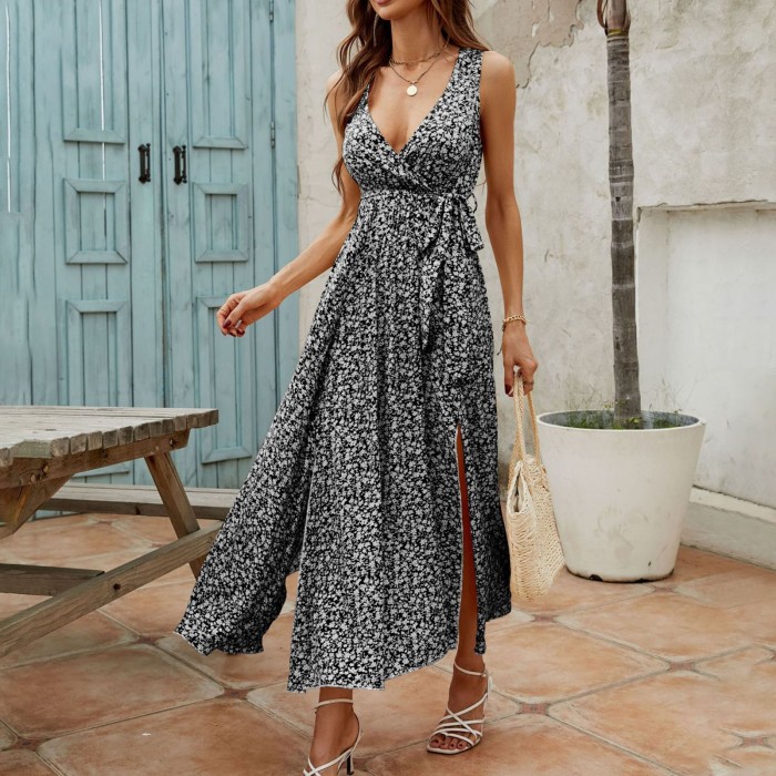 Elegant Boho Solid V-Neck Sleeveless Beach Dress