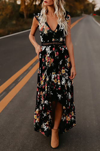 Fashion Casual V-neck Short-sleeve Loose Floral Elegant Maxi Dress