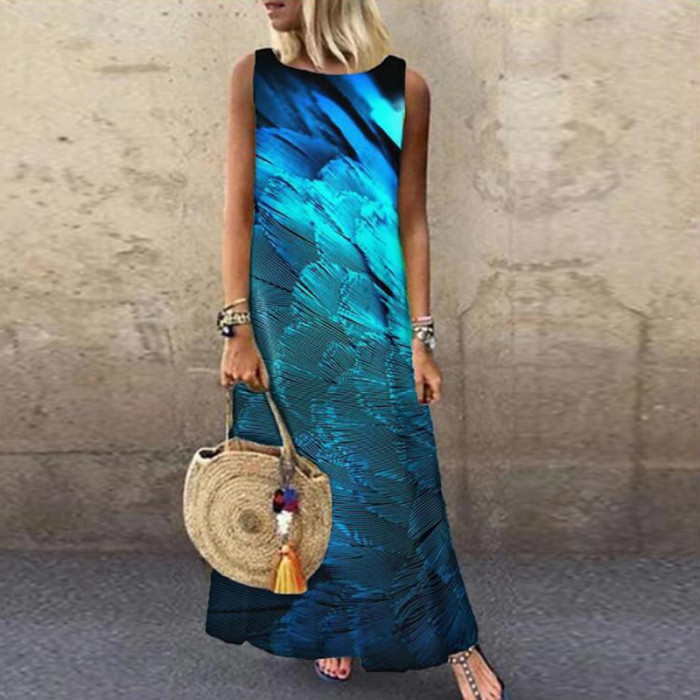 Vintage Floral Printed Sleeveless Loose Casual Bohemia Maxi Dress
