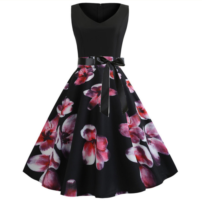 Casual V-neck Print Sleeveless Vintage Dress