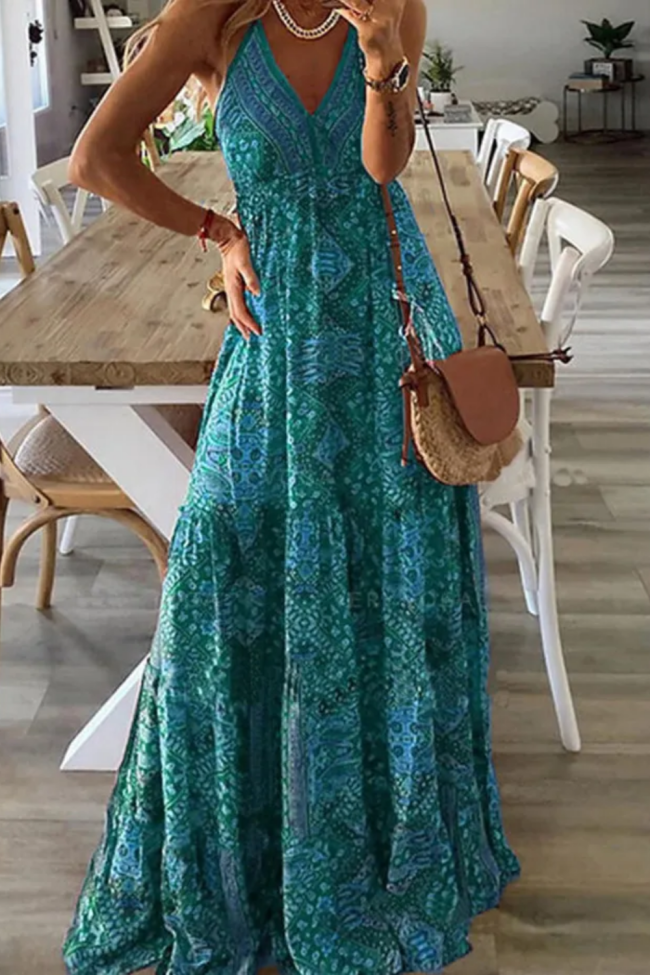 Vintage Fashion Sexy Sleeveless V Neck Printed Boho Maxi Dress