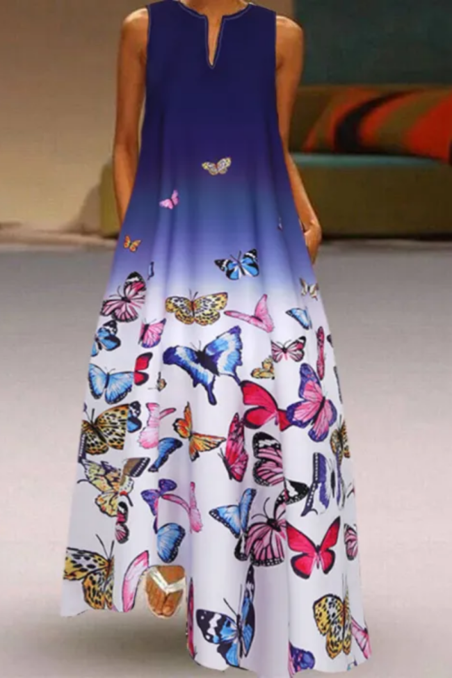 Butterfly Print Daily Sleeveless Vintage Boho V Neck Maxi Dress