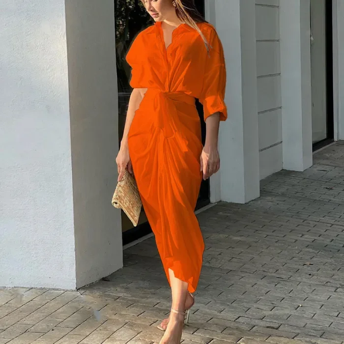 V Neck Short Sleeve Solid Color Sexy Pleated Shirt Dress