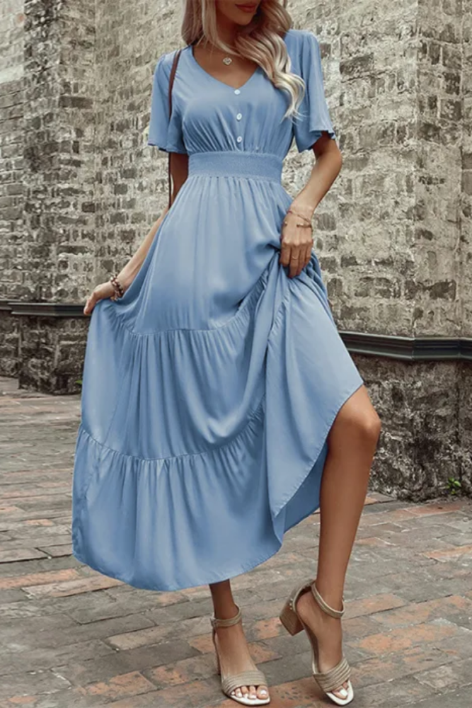 New Solid V-neck Midi Casual Dress