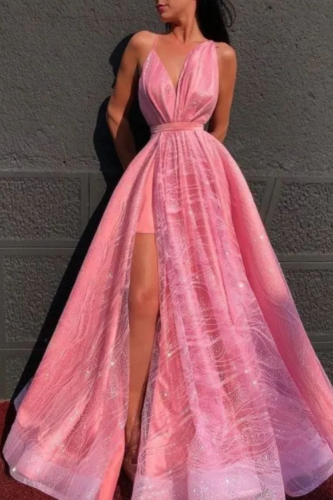 Pink Deep-V Sequins Sexy Wedding Guest Dress