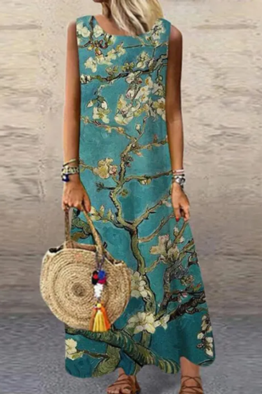 Vintage Floral Printed Sleeveless Loose Casual Bohemia Maxi Dress