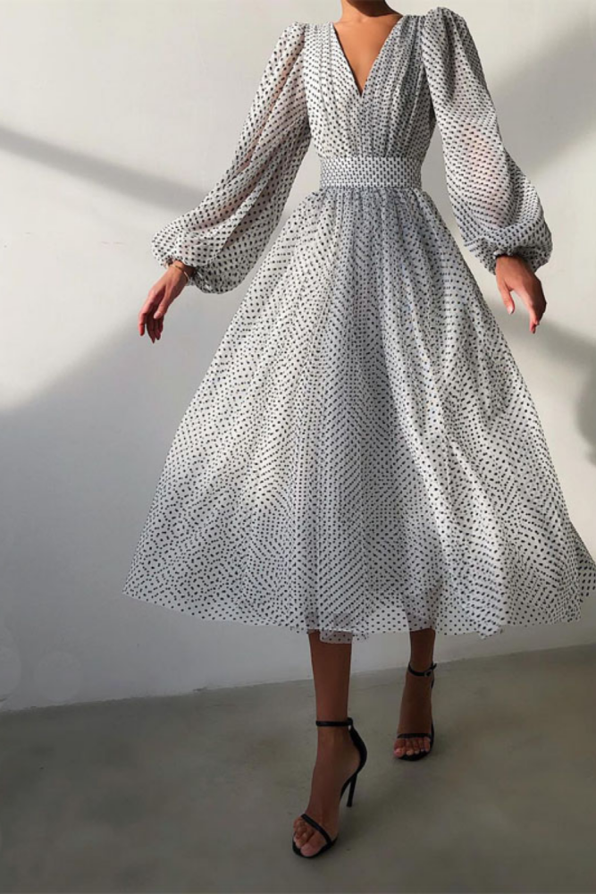Elegant Puff Sleeve Dot Vintage Sexy V Neck Long Sleeve Party Dress