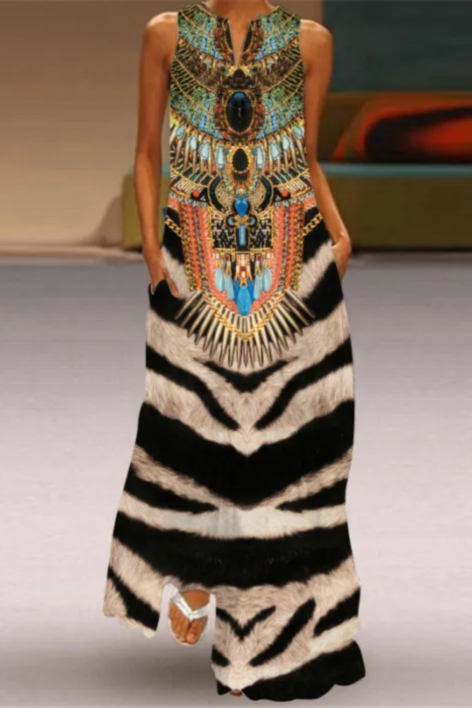 Retro Print Fashion Sexy V-neck Sleeveless Maxi Dress