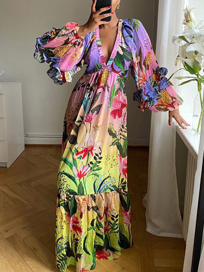 Fashion Print Gradient Party Ruffle V Neck Sexy Slim Wedding Guest Dress