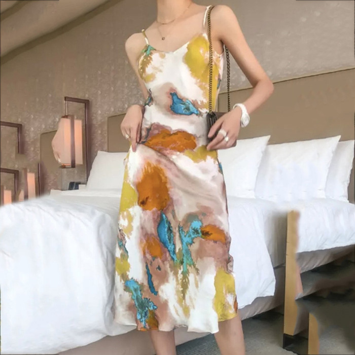Fashion Sexy Painted Printing Suspender Artistic Temperament  Maxi Dress
