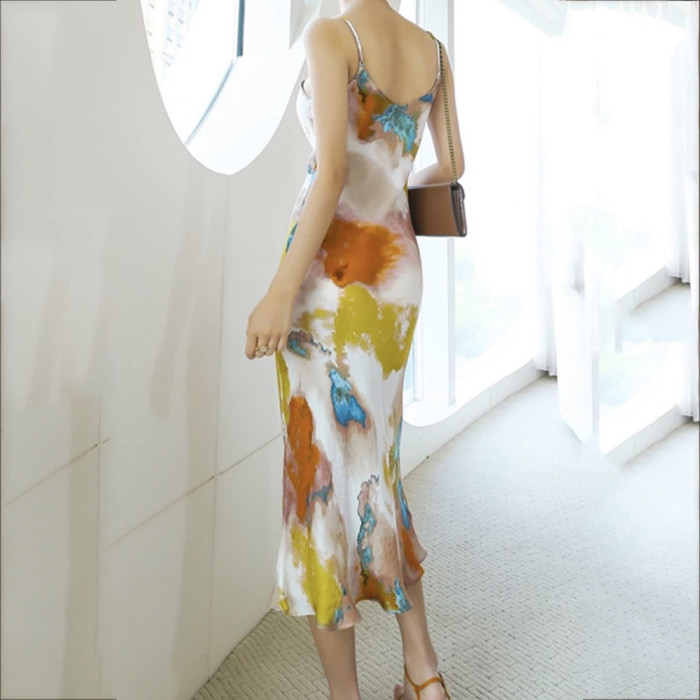 Fashion Sexy Painted Printing Suspender Artistic Temperament  Maxi Dress