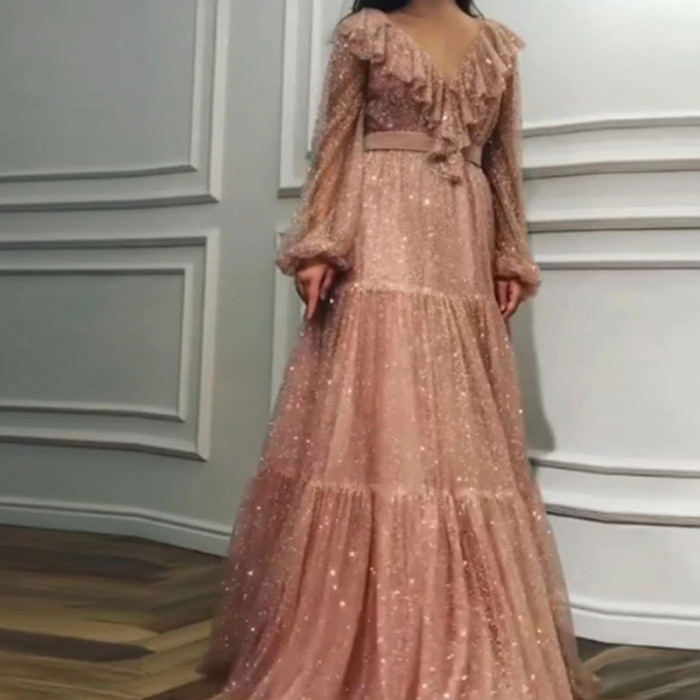 Fashion Mesh Long Sleeve Ruffle Pleated Solid Color Party Wedding Guest Dress