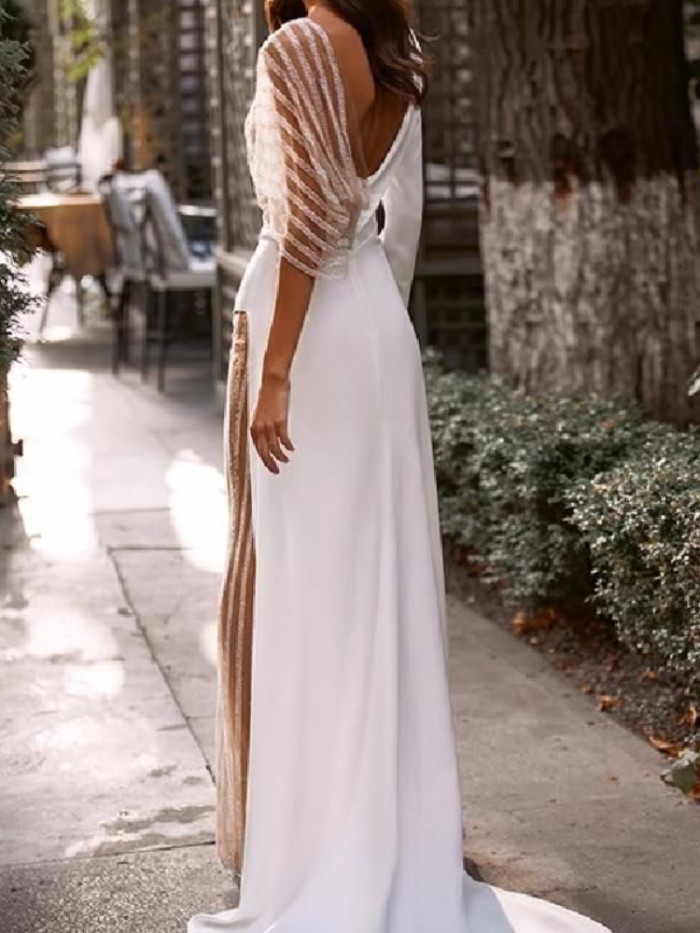 Sexy Tulle Long Sleeve Party V Neck Irregular Fashion Backless Wedding Guest Dress