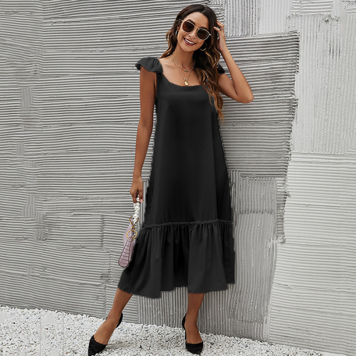 Fashion Solid Color Casual Loose Ruffle Maxi Dress
