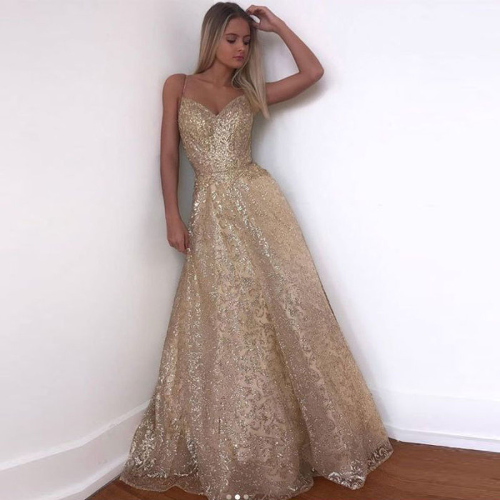 Fashion Party Long Backless Gold Sequin Elegant Wedding Guest Dress