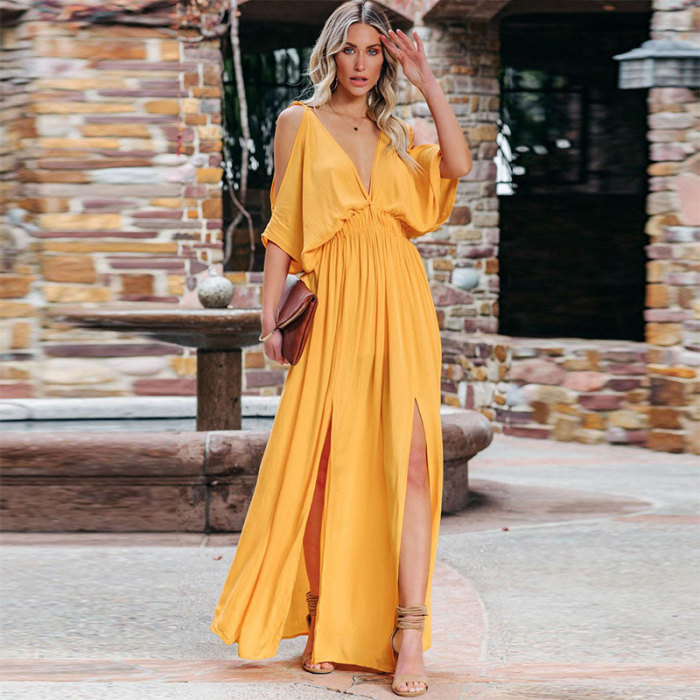 Boho Style V Neck Off Shoulder Slits Solid Fashion Tunic Wedding Guest Dress