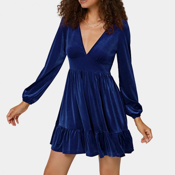 High-Waist Pure Color Pleated Ruffle Hem Dress