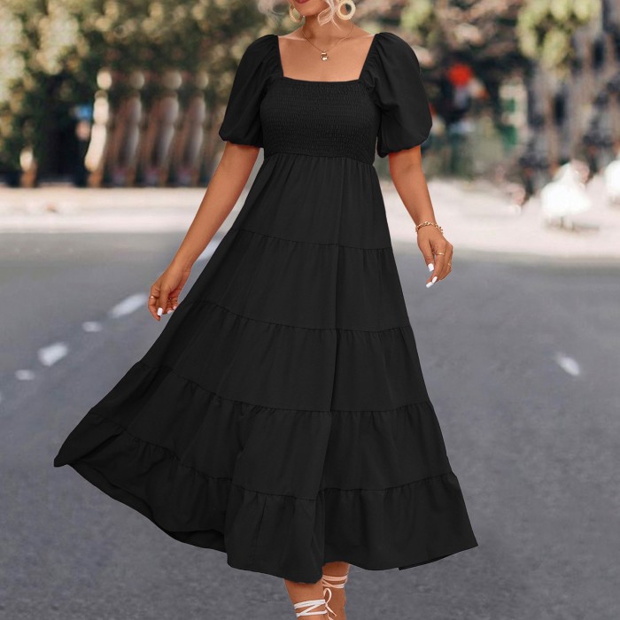 Fashion Solid Color Ruffle Sleeves Casual Loose Swing  Maxi Dress