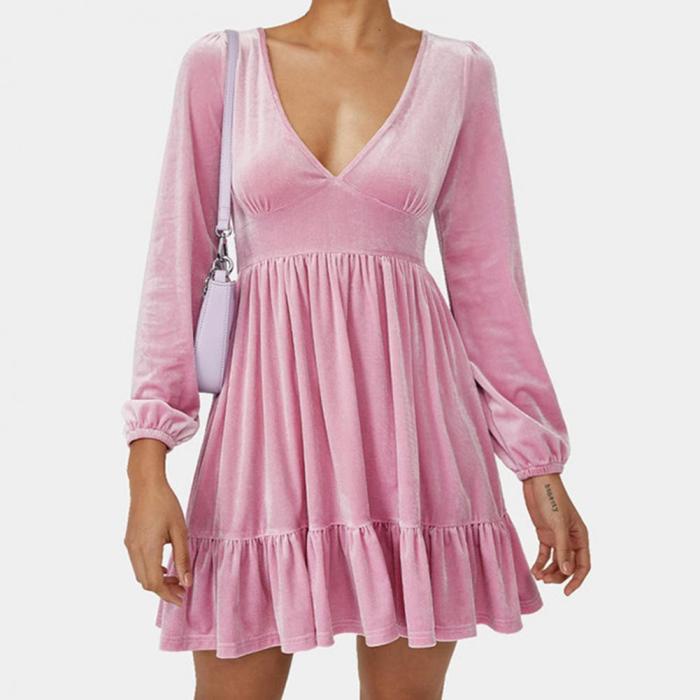 High-Waist Pure Color Pleated Ruffle Hem Dress