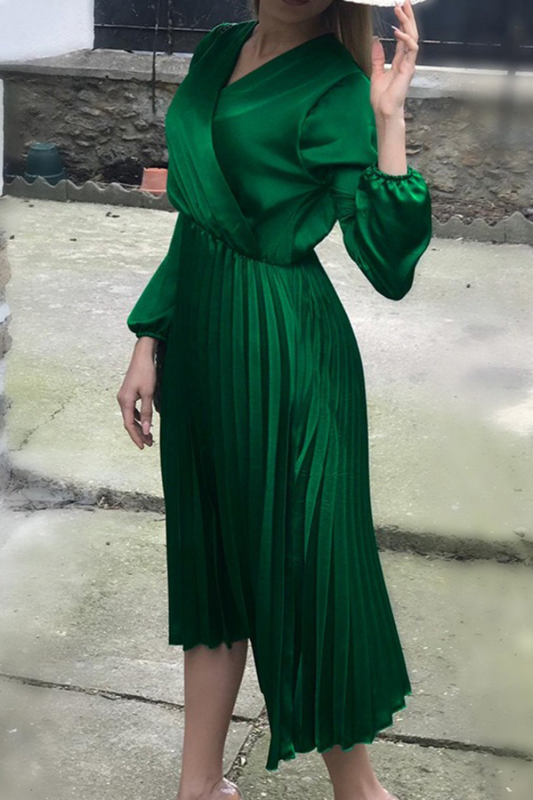 Fashion Sexy V-neck Elastic Waist Solid Pleated Elegant Dress