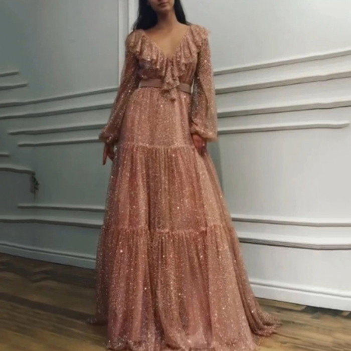 Fashion Mesh Long Sleeve Ruffle Pleated Solid Color Party Wedding Guest Dress