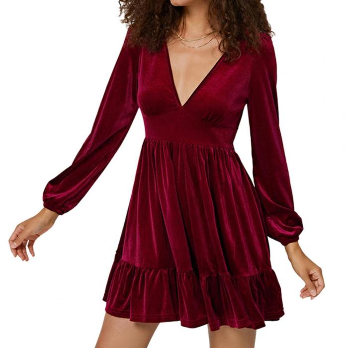 High-Waist Pure Color Pleated Ruffle Hem Dress