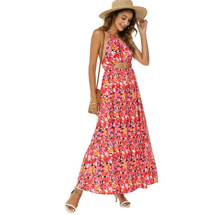 Fashion Bohemian Halter Neck Strap Backless Sexy Printed Wedding Guest Dress