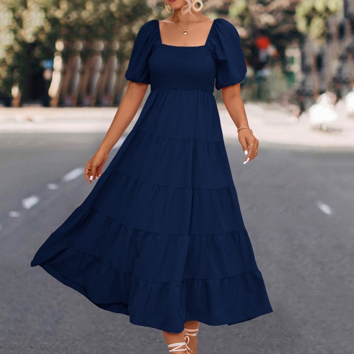 Fashion Solid Color Ruffle Sleeves Casual Loose Swing  Maxi Dress