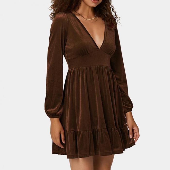 High-Waist Pure Color Pleated Ruffle Hem Dress