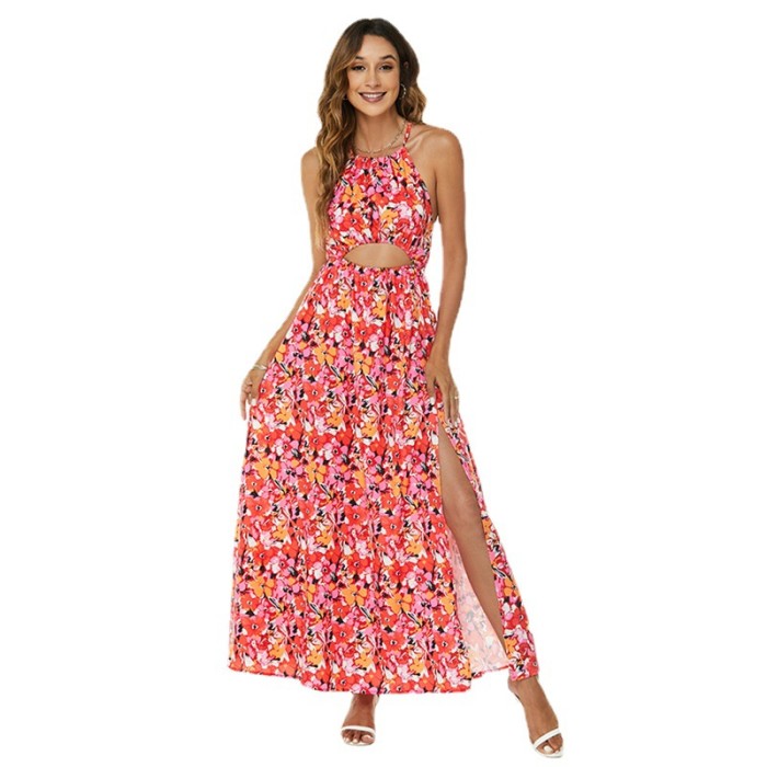 Fashion Bohemian Halter Neck Strap Backless Sexy Printed Wedding Guest Dress