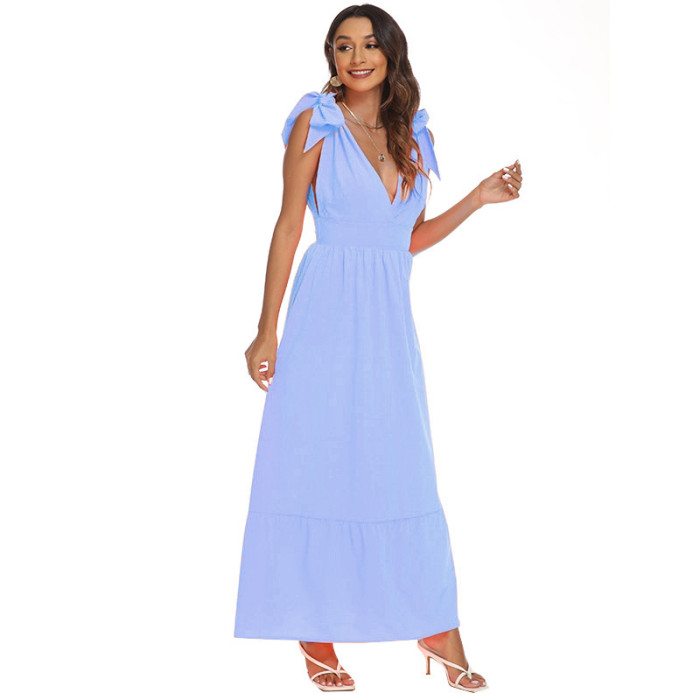 Trendy V-Neck Big Swing Loose Solid Color Sleeveless Sexy  Maxi Dress