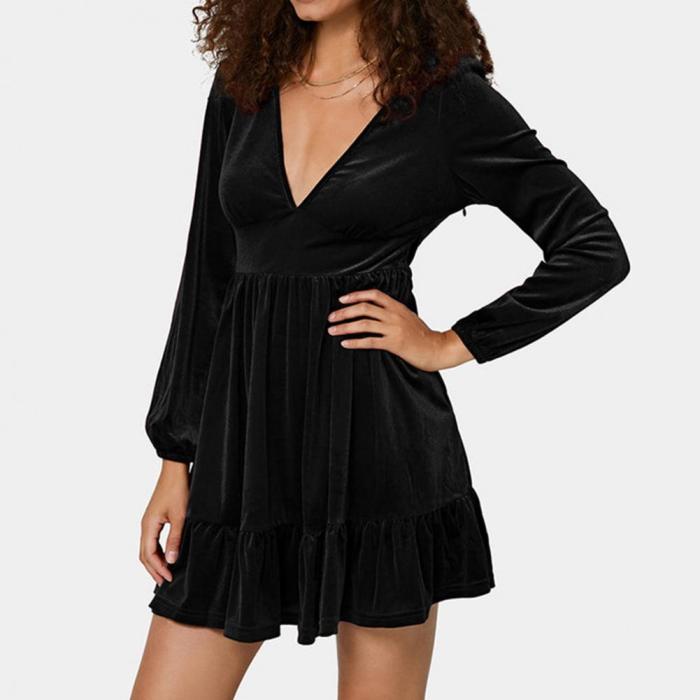High-Waist Pure Color Pleated Ruffle Hem Dress