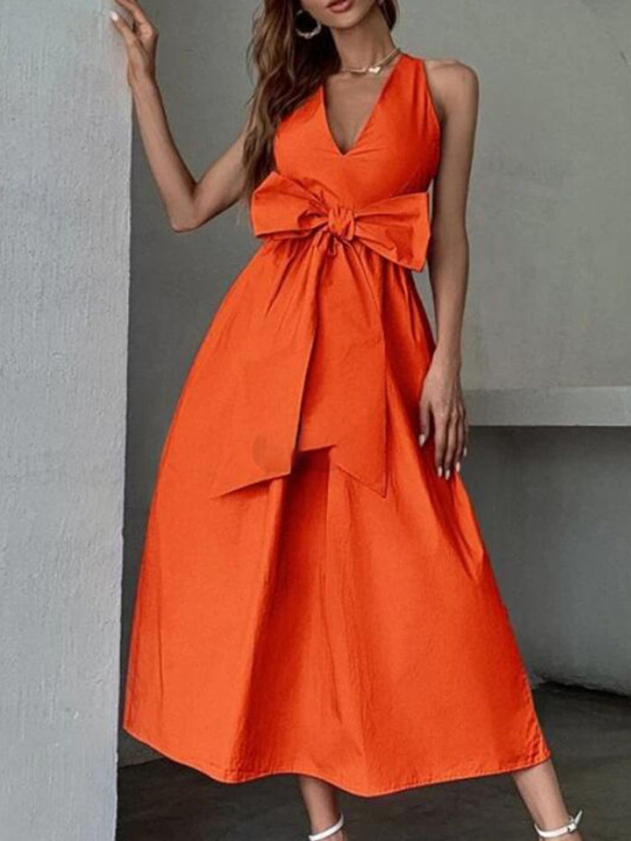 Sexy V Neck Sleeveless Large Bow Fashion Solid Color Boho Wedding Guest Dress