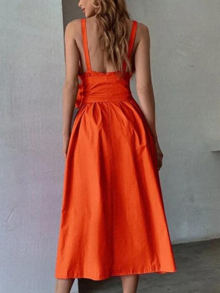 Sexy V Neck Sleeveless Large Bow Fashion Solid Color Boho Wedding Guest Dress