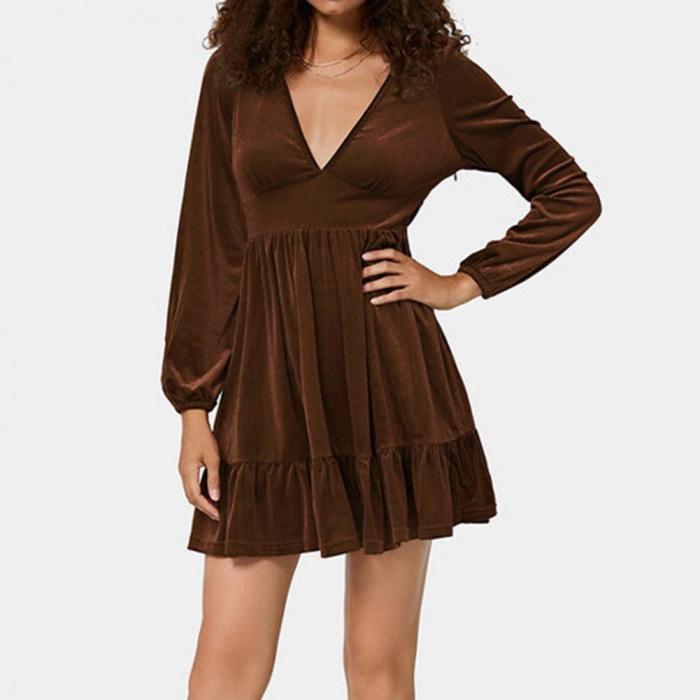 High-Waist Pure Color Pleated Ruffle Hem Dress