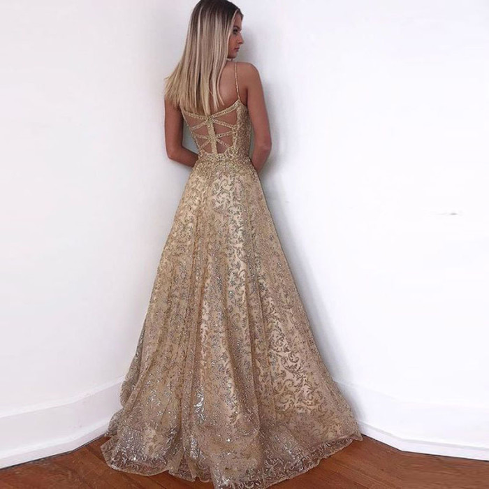 Fashion Party Long Backless Gold Sequin Elegant Wedding Guest Dress