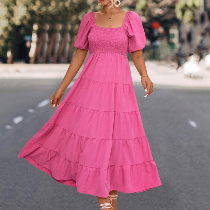 Fashion Solid Color Ruffle Sleeves Casual Loose Swing  Maxi Dress