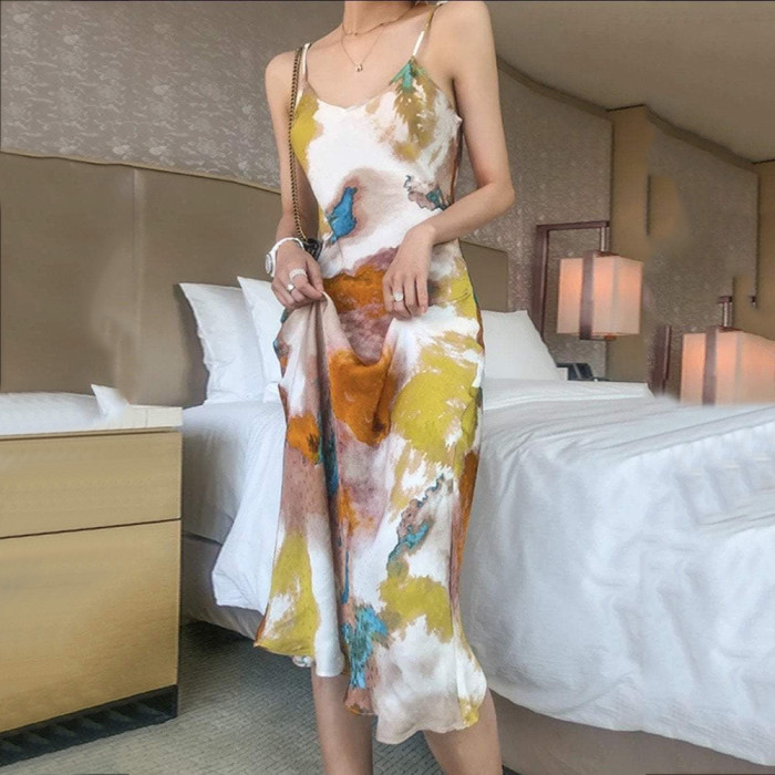 Fashion Sexy Painted Printing Suspender Artistic Temperament  Maxi Dress
