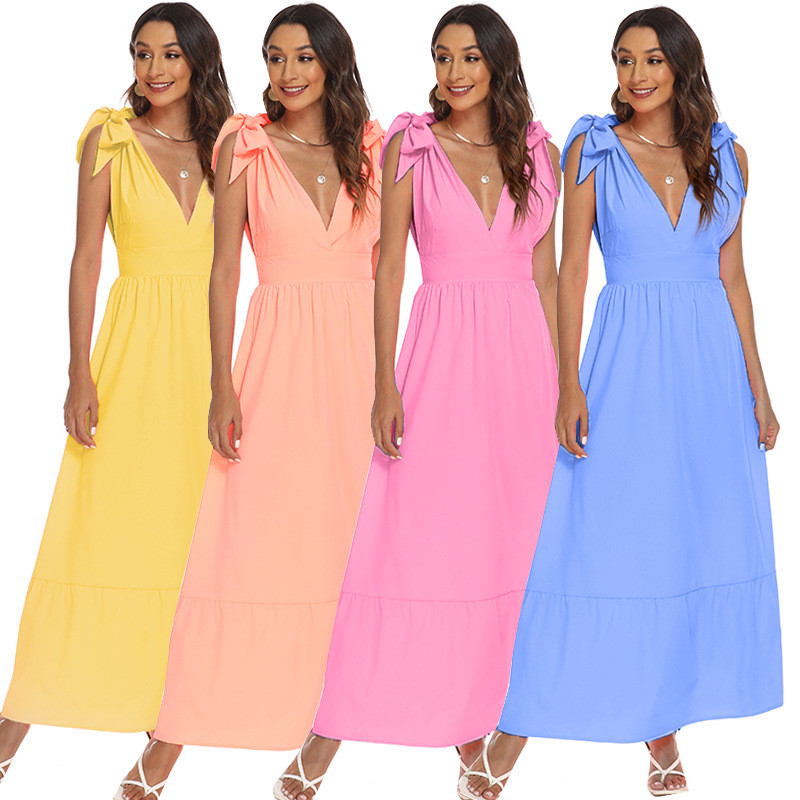 Trendy V-Neck Big Swing Loose Solid Color Sleeveless Sexy  Maxi Dress