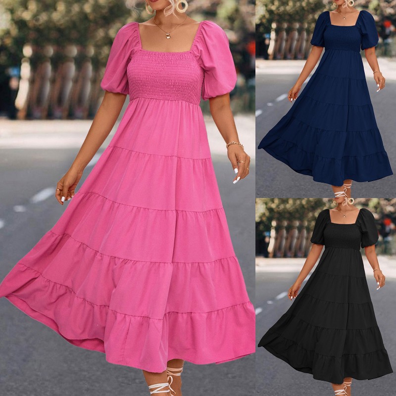 Fashion Solid Color Ruffle Sleeves Casual Loose Swing  Maxi Dress